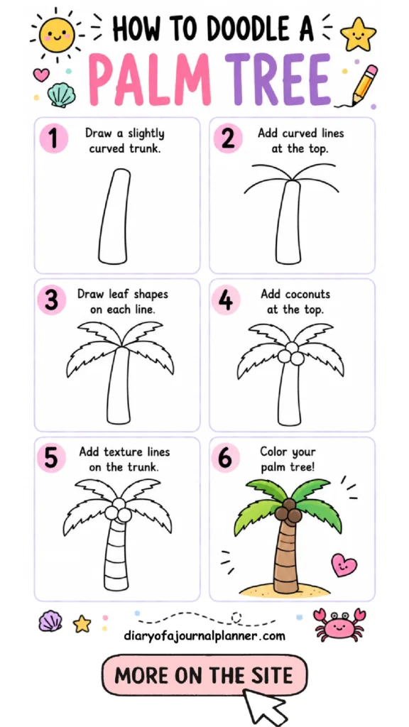 Step-by-step guide to doodling a palm tree, featuring an illustrated tutorial and coloring tips.