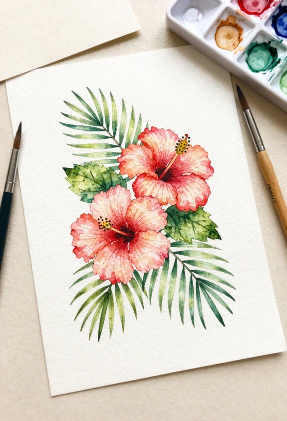 sunlit hibiscus with palms