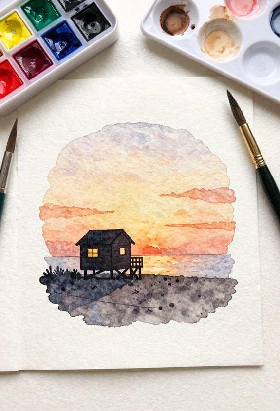 sunset beach house silhouette