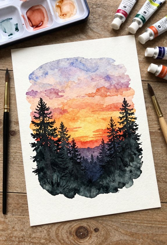 sunset forest silhouette painting