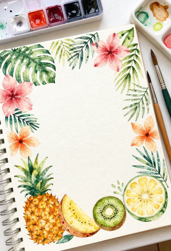 tropical leaves and fruit