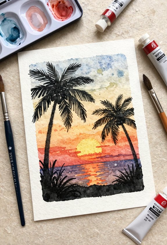 tropical sunset with silhouettes