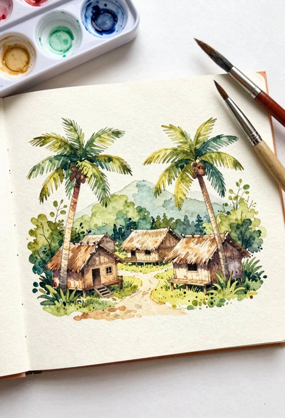 tropical village with huts