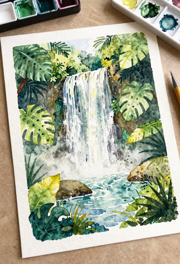 tropical waterfall with leaves
