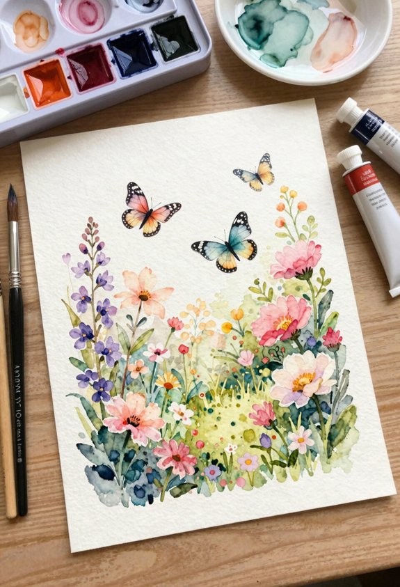 vibrant flowers and butterflies
