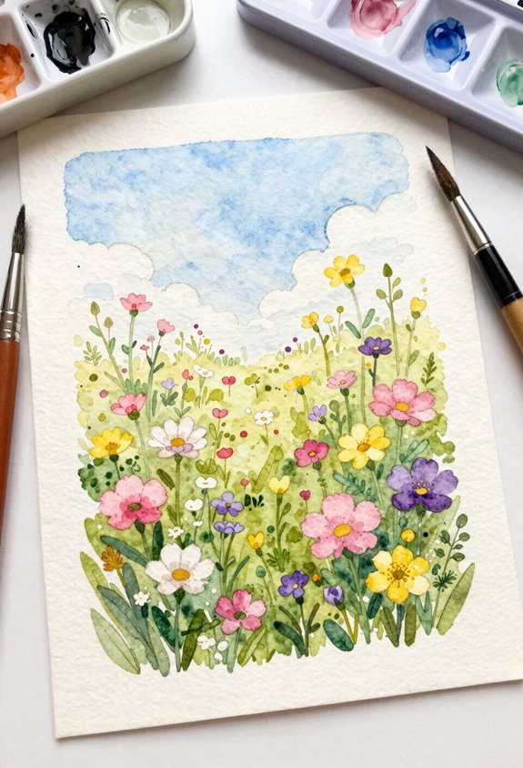 wildflower meadow watercolor scene